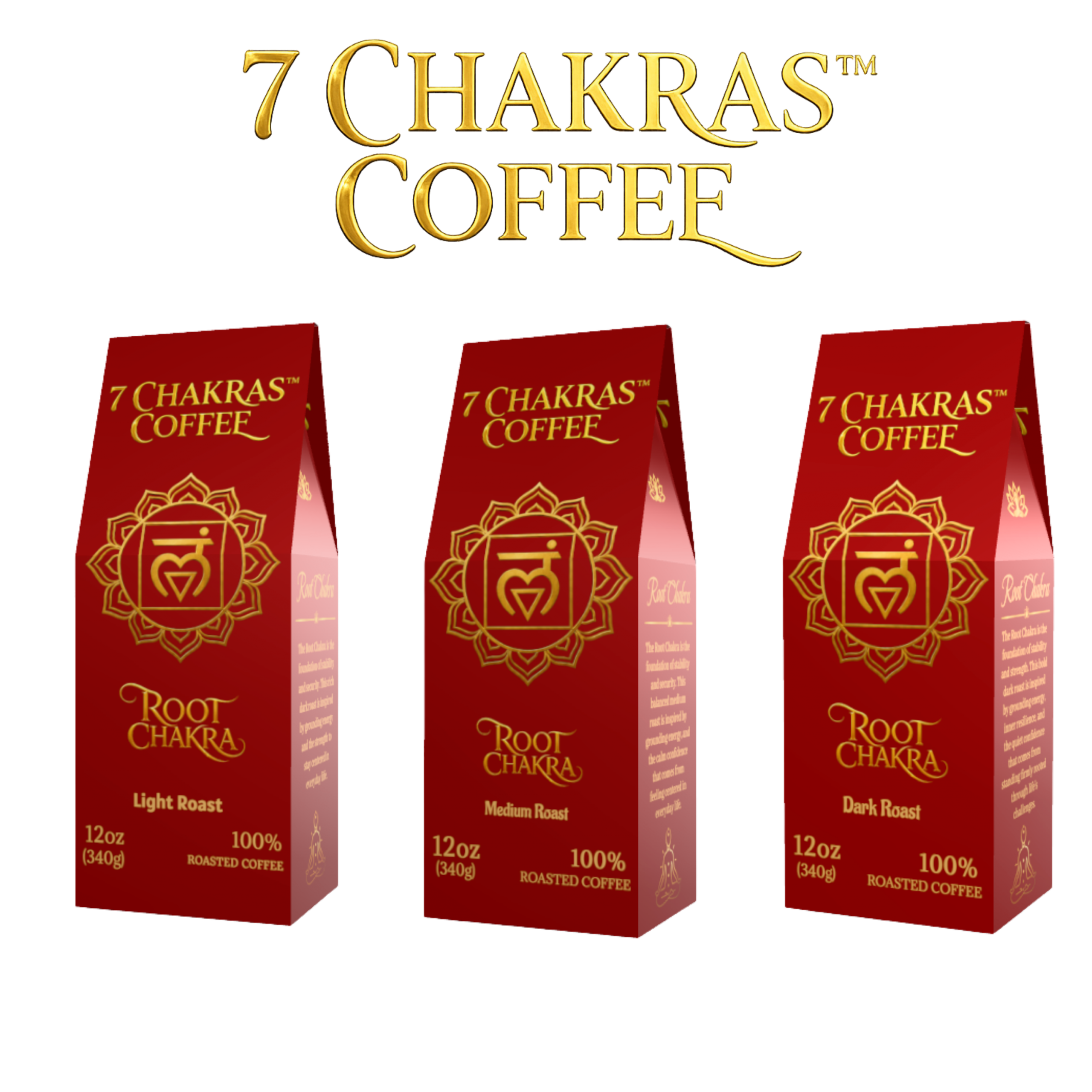 7 Chakras Coffee Root Chakra Light, Medium and Dark Roast coffee box